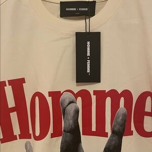 Homme + Femme Men's Short Sleeve Tee in Off-White with Red Print